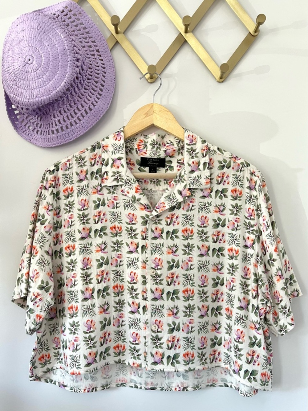 Cropped Floral Silk Blend Button Up Top